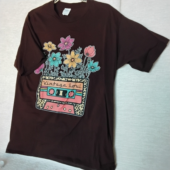 Port Company Tops - "Vintage Soul" Dark Brown Womans T-Shirt with Floral Cassette Design